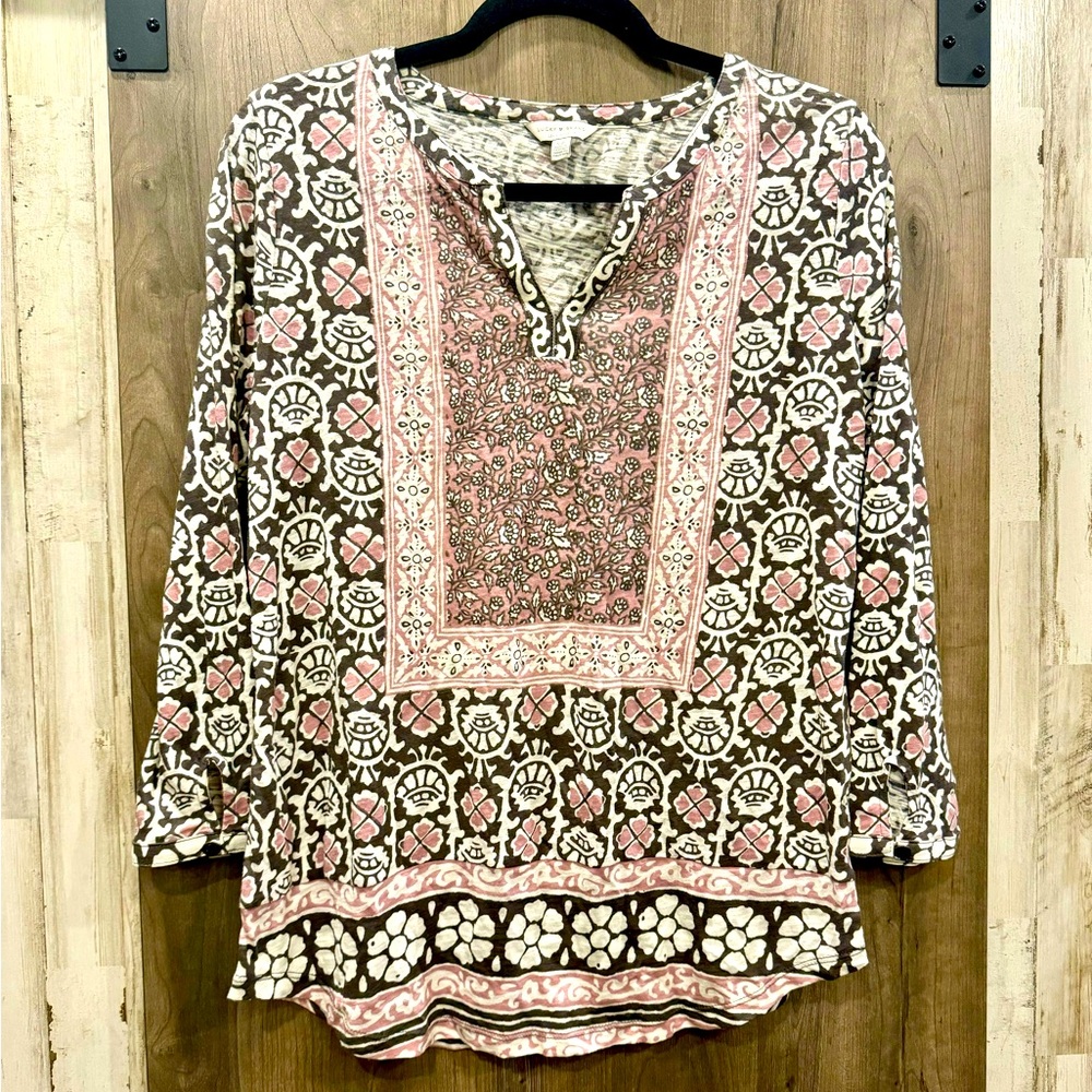 Lucky Brand pink and brown print cotton shirt size S